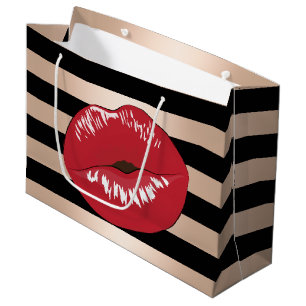 elegant red lips rose gold black stripes pattern large gift bag