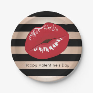 elegant red lips rose gold black stripes pattern paper plate