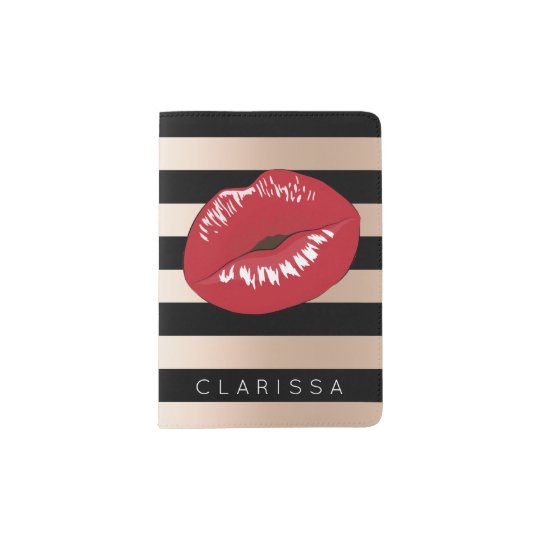 elegant red lips rose gold black stripes pattern passport holder