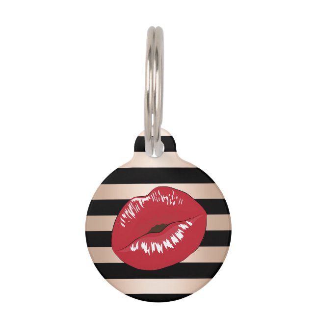 elegant red lips rose gold black stripes pattern pet tag (Front)