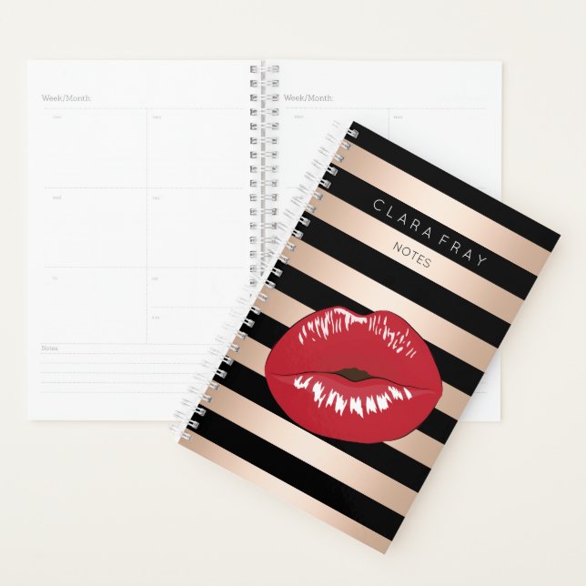 elegant red lips rose gold black stripes pattern planner (Display)