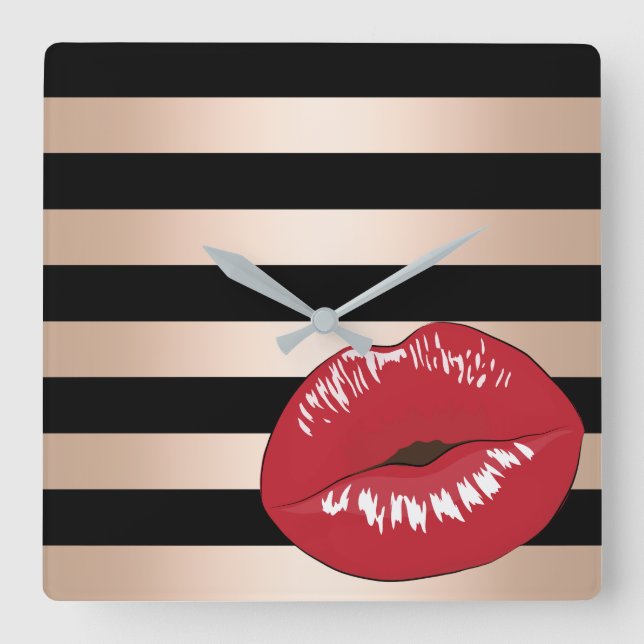 elegant red lips rose gold black stripes pattern square wall clock (Front)