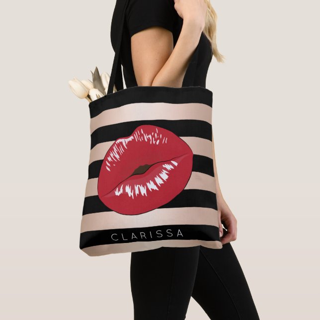 elegant red lips rose gold black stripes pattern tote bag (Close Up)