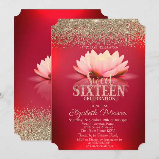 Elegant Red Lotus Gold Confetti Diamond Sweet 16 Invitation (Front/Back)