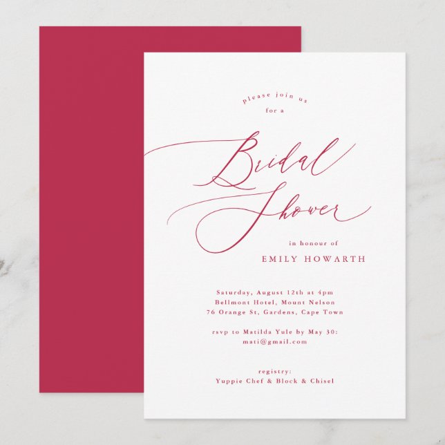 Elegant Red Magenta Calligraphy Bridal Shower Invitation (Front/Back)