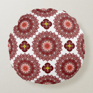 Elegant Red Mandala Geometric Bedroom & Home Texti Round Cushion