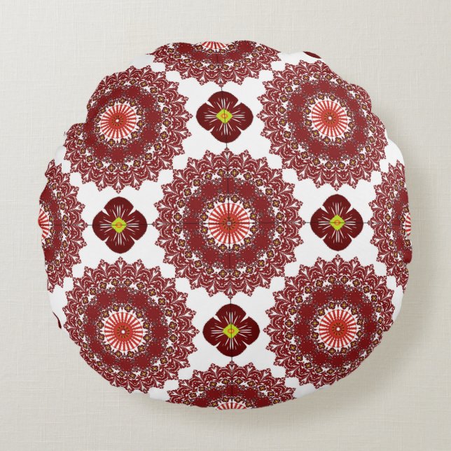Elegant Red Mandala Geometric Bedroom & Home Texti Round Cushion (Front)