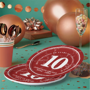 Elegant Red Marble 10 Years Work Anniversary Paper Plate