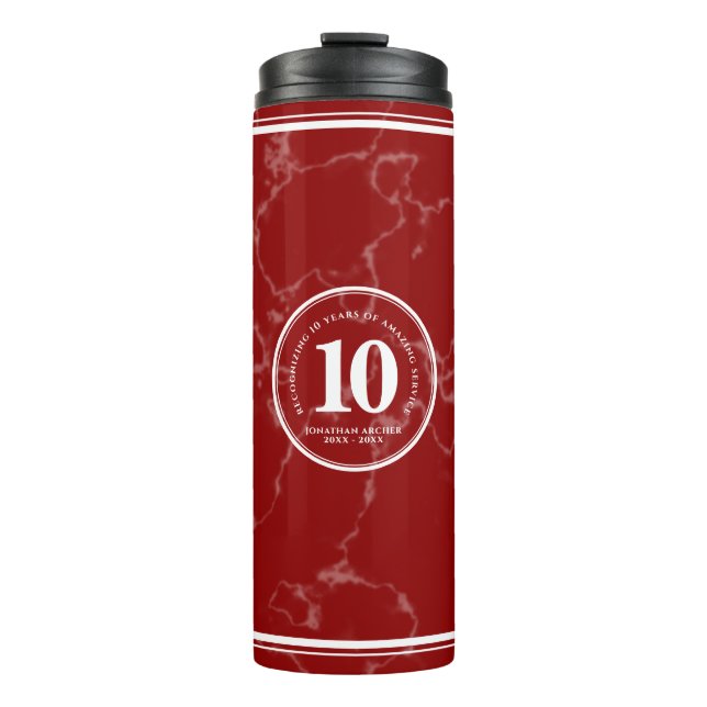 Elegant Red Marble 10 Years Work Anniversary Thermal Tumbler (Front)