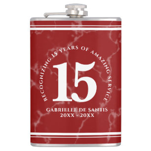 Elegant Red Marble 15 Years Work Anniversary Hip Flask