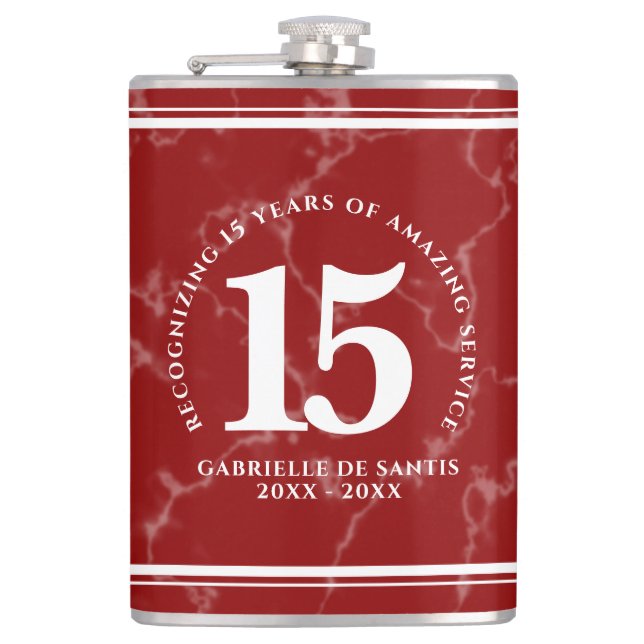 Elegant Red Marble 15 Years Work Anniversary Hip Flask (Front)