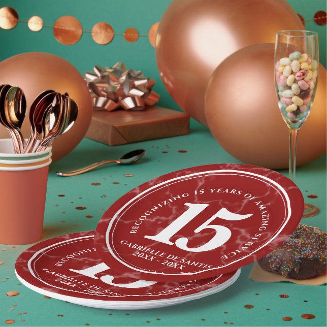 Elegant Red Marble 15 Years Work Anniversary Paper Plate (Multi)