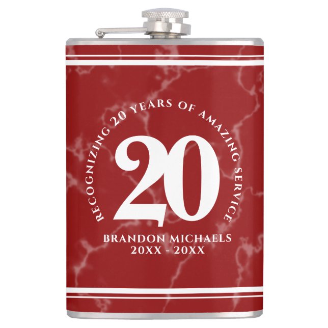 Elegant Red Marble 20 Years Work Anniversary Hip Flask (Front)