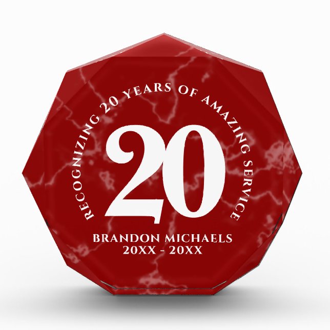 Elegant Red Marble 20 Years Work Anniversary Photo Block (Front)