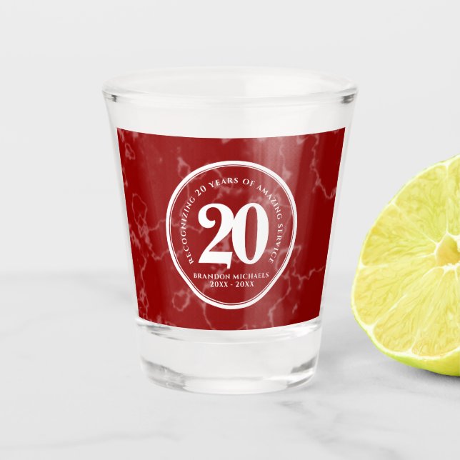 Elegant Red Marble 20 Years Work Anniversary Shot Glass (Front)