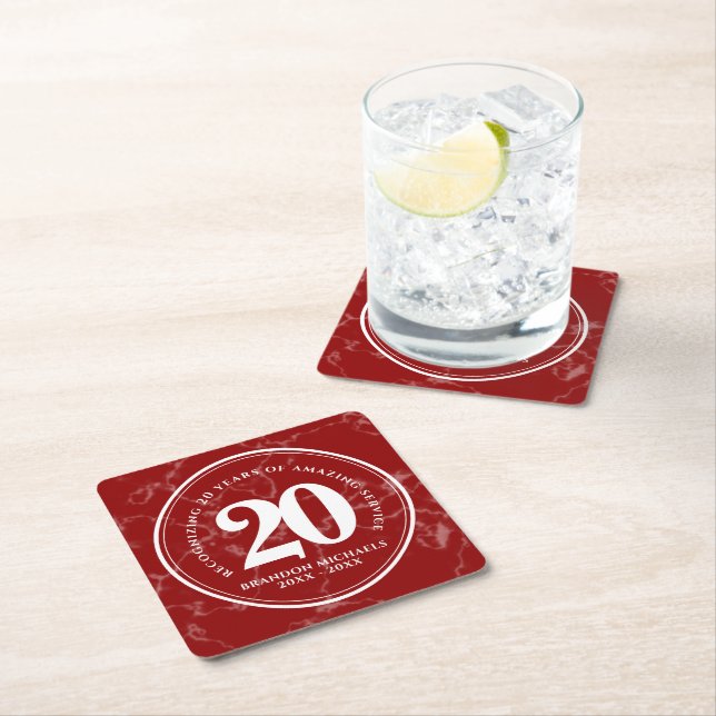 Elegant Red Marble 20 Years Work Anniversary Square Paper Coaster (Insitu)