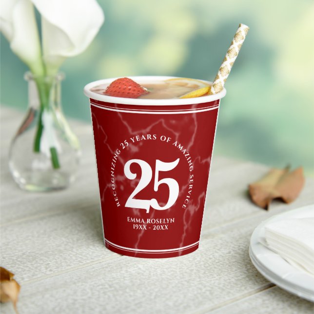 Elegant Red Marble 25 Years Work Anniversary Paper Cups (Insitu)