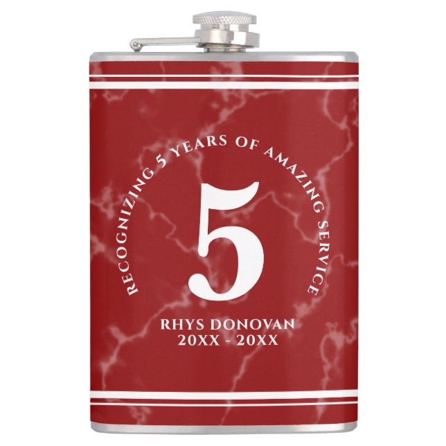 Elegant Red Marble 5 Years Work Anniversary Hip Flask (Front)
