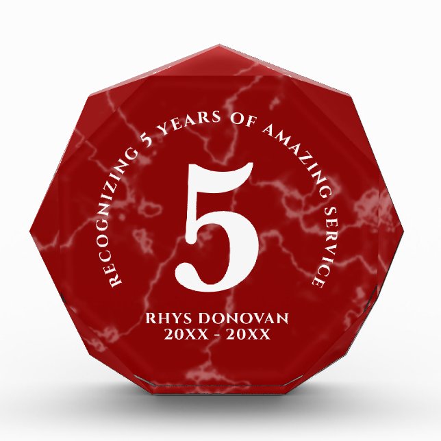 Elegant Red Marble 5 Years Work Anniversary Photo Block (Front)