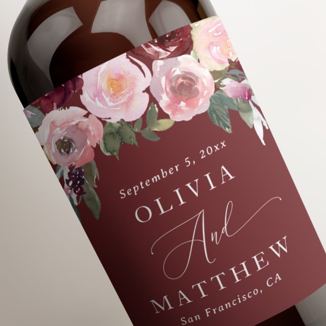 Elegant red maroon roses. Garden floral wedding Wine Label (Creator Uploaded)