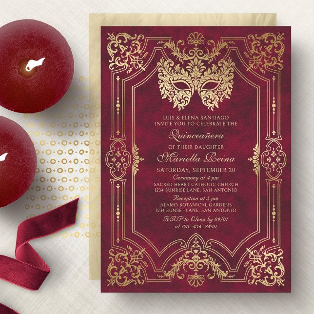 Elegant Red Masquerade Mask Quinceanera Invitation (Creator Uploaded)