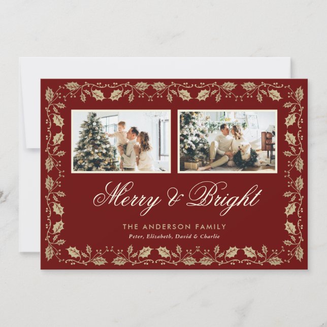 Elegant Red Merry and Bright 2 Photo Christmas Holiday Card (Front)