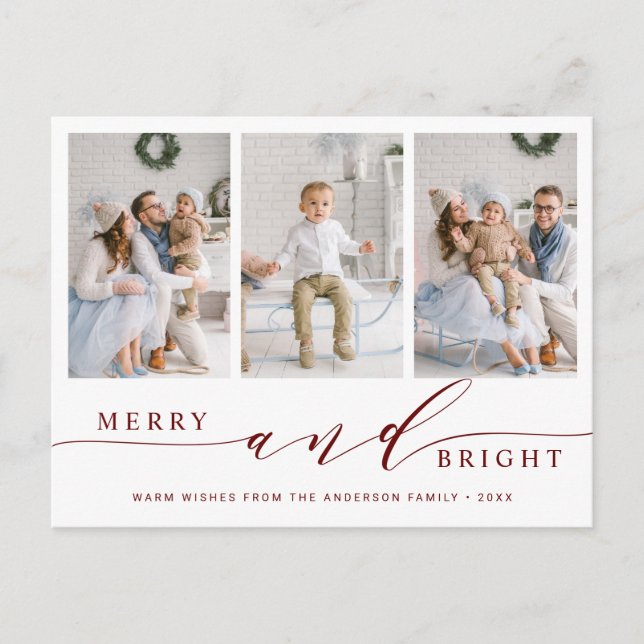 Elegant Red Merry & Bright 3 Photo Holiday Postcard (Front)
