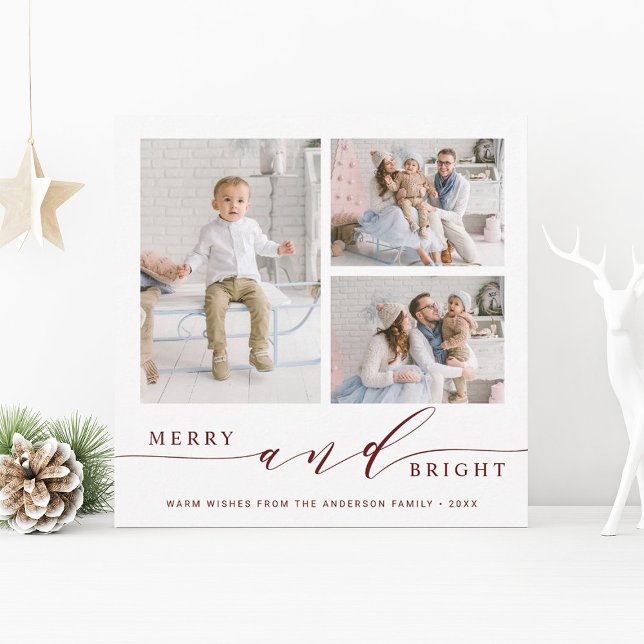Elegant Red Merry & Bright 3 Photo Square Holiday Card (Creator Uploaded)