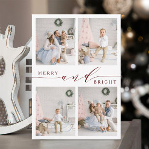Elegant Red Merry & Bright 4 Photo Collage  Holiday Card