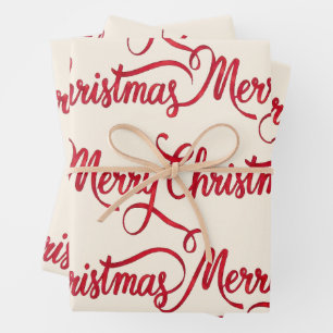 Elegant Red Merry Christmas Calligraphy Script Wrapping Paper Sheet