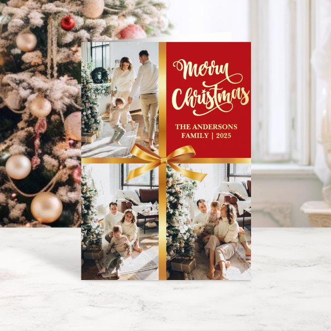 Elegant Red Merry Christmas Gold Bow Photo Card  (Creator Uploaded)