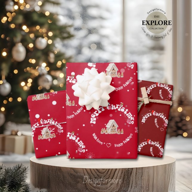 Elegant Red Merry Christmas Graffiti ginger house Wrapping Paper Sheet (Creator Uploaded)