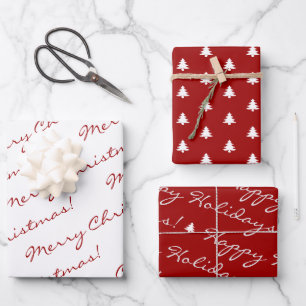 Elegant Red Merry Christmas Happy Holidays Script Wrapping Paper Sheet