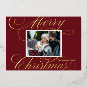 Elegant Red Merry Christmas Script Photo Foil Holiday Card