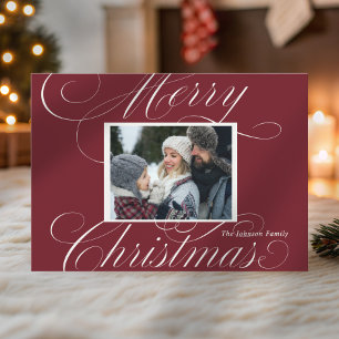 Elegant Red Merry Christmas Script Photo Holiday Card