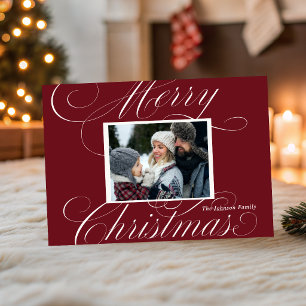 Elegant Red Merry Christmas Script Photo Holiday Card