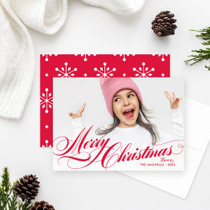 Elegant Red Merry Christmas Script Photo Holiday Card