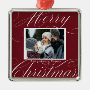 Elegant Red Merry Christmas Script Photo Metal Tree Decoration