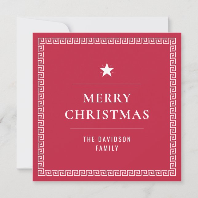 Elegant Red Merry Christmas Stylish Greek Meander Holiday Card (Front)