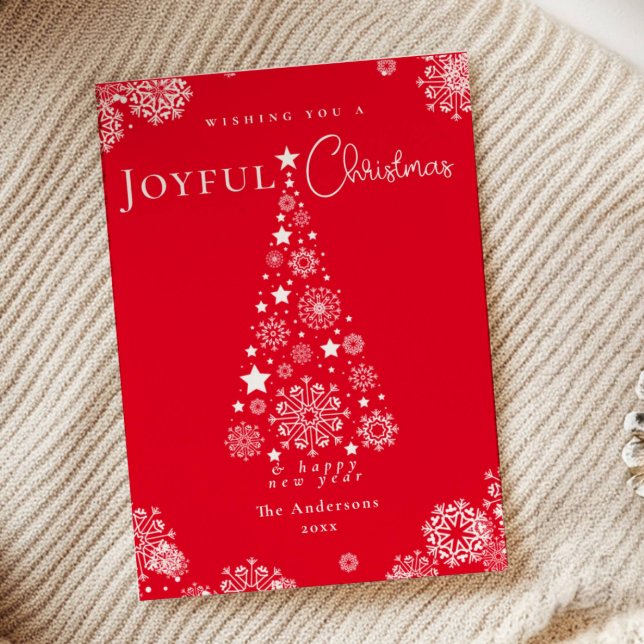 Elegant Red Merry Christmas Tree Snowflakes Holiday Card (Creator Uploaded)