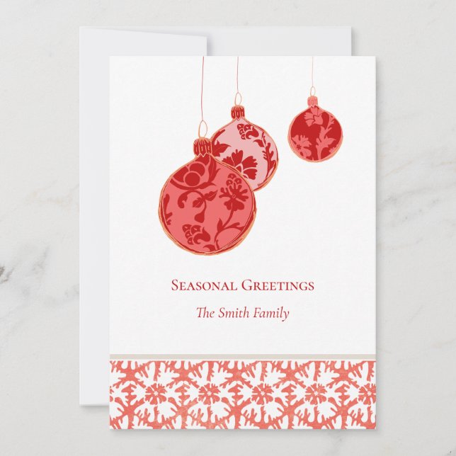 Elegant Red Minimal Floral Ornaments Holiday Card (Front)