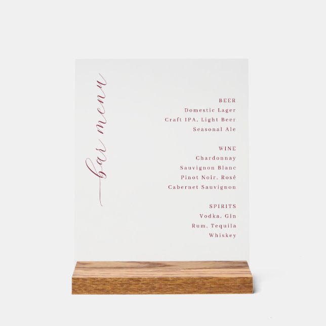 Elegant Red Minimalist Bar Menu Acrylic Sign (Front)