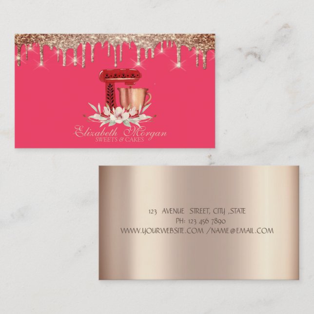 Elegant Red Mixer Flowers Drips Bakery   Business Card (Front/Back)