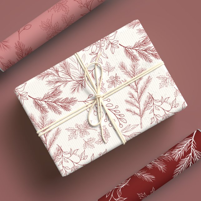 Elegant Red Monochrome Rustic Winter Botanicals Wrapping Paper Sheet (Creator Uploaded)