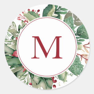 Elegant Red Monogram Christmas Floral Greenery Classic Round Sticker