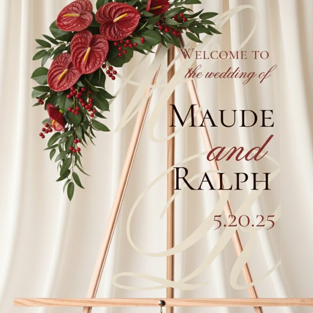 Elegant Red Monogram Entrance Display Wedding  (Welcome guests in timeless style with this Old Money Bold Red Clear Acrylic Wedding Welcome Sign!)