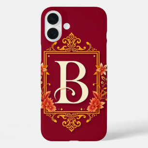 Elegant Red Monogram Frame with Floral Embellishme iPhone 16 Plus Case
