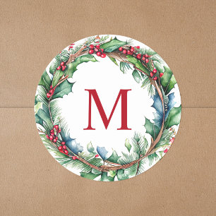 Elegant Red Monogram Initial Christmas Wreath Classic Round Sticker