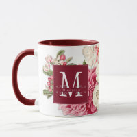 Elegant Red Monogram Swirls Vintage Floral Custom
