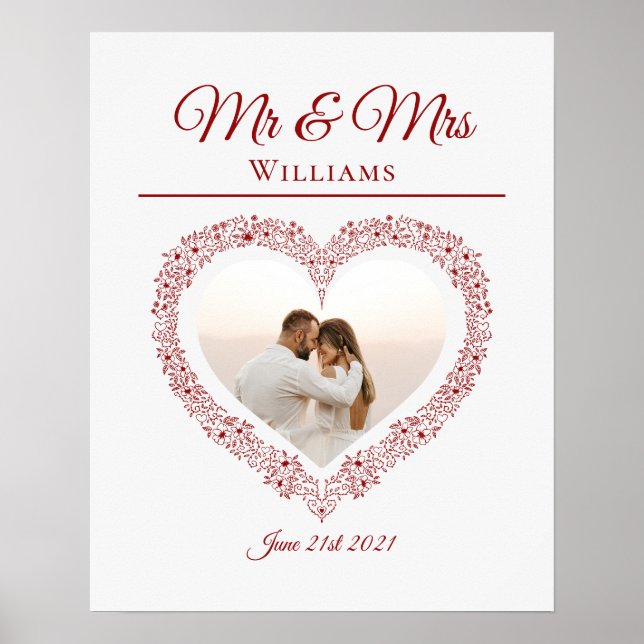 Elegant Red Mr and Mrs Valentine's Day Photo Heart Poster (Front)